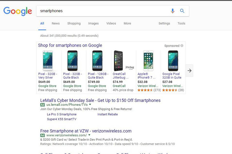 نمایش تبلیغات گوگل در سرویس جستجوی گوگل