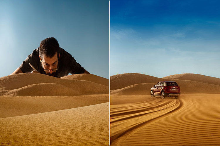 تصاویر تبلیغاتی آئودی با مدل‌هایی در مقیاس کوچک و صحرایی دست‌ساز