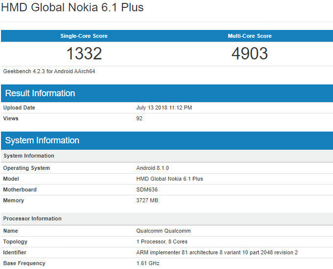Nokia 6.1 Plus Benchmark