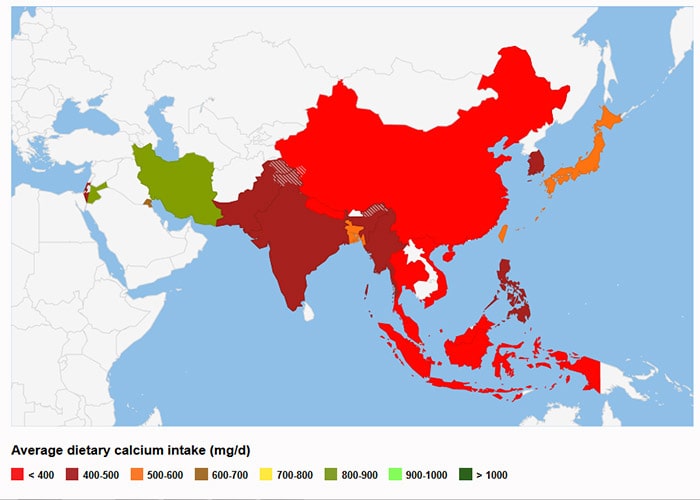 متوسط مصرف کلسیم در آسیا