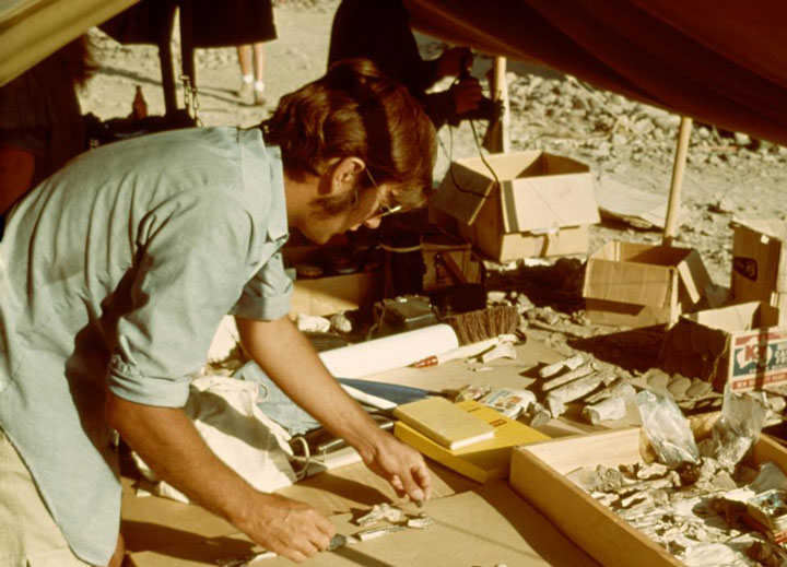 دونالد جانسون در حال بررسی بقایای اسکلت لوسی در اتیوپی، ۱۹۷۴