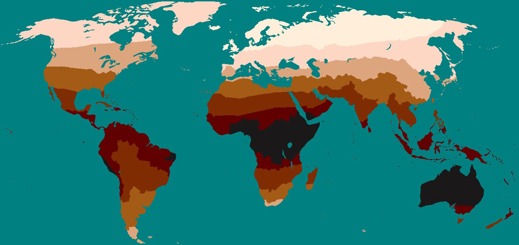 نقشه پراکندگی رنگ پوست انسان‌ در نواحی مختلف جهان