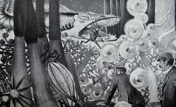 نقاشی از رمان «نخستین انسان در ماه» اثر مِری ای. هرینگ (۱۹۰۱)