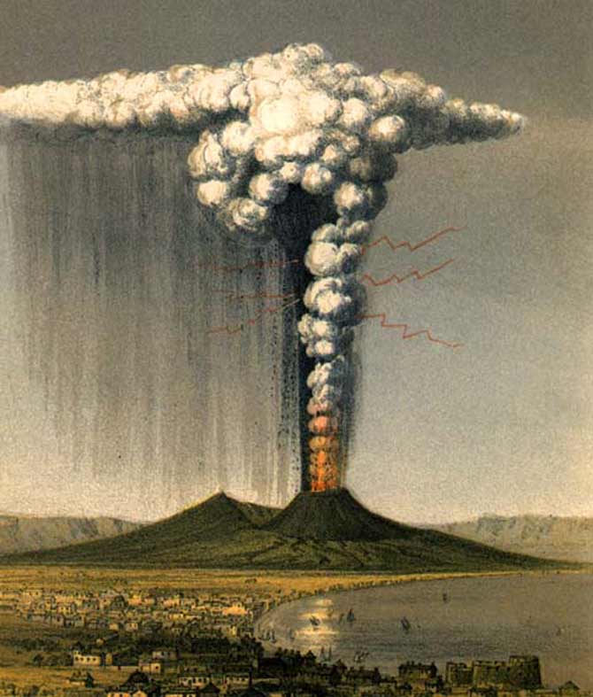 تصویر هنری از فوران سال ۷۹ م آتشفشان وزویوس 