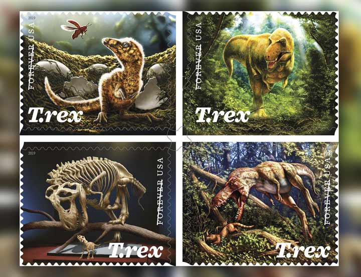چاپ مجموعه تمبری از دایناسور تی‌رکس