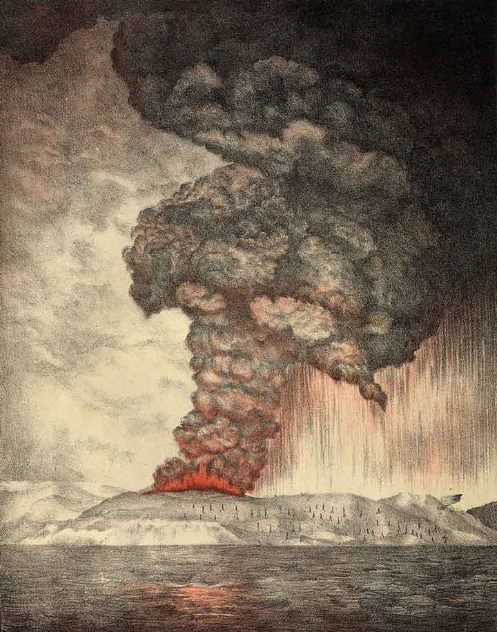 لیتوگرافی از فوران سال ۱۸۸۳ کوه آتشفشانی کراکاتوا در اندونزی