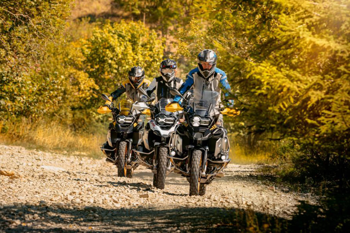 موتورسیکلت بی ام و / 2021 BMW R 1250 GS با رنگ زرد و سیاه در محیط کوهستان و جنگل با درخت