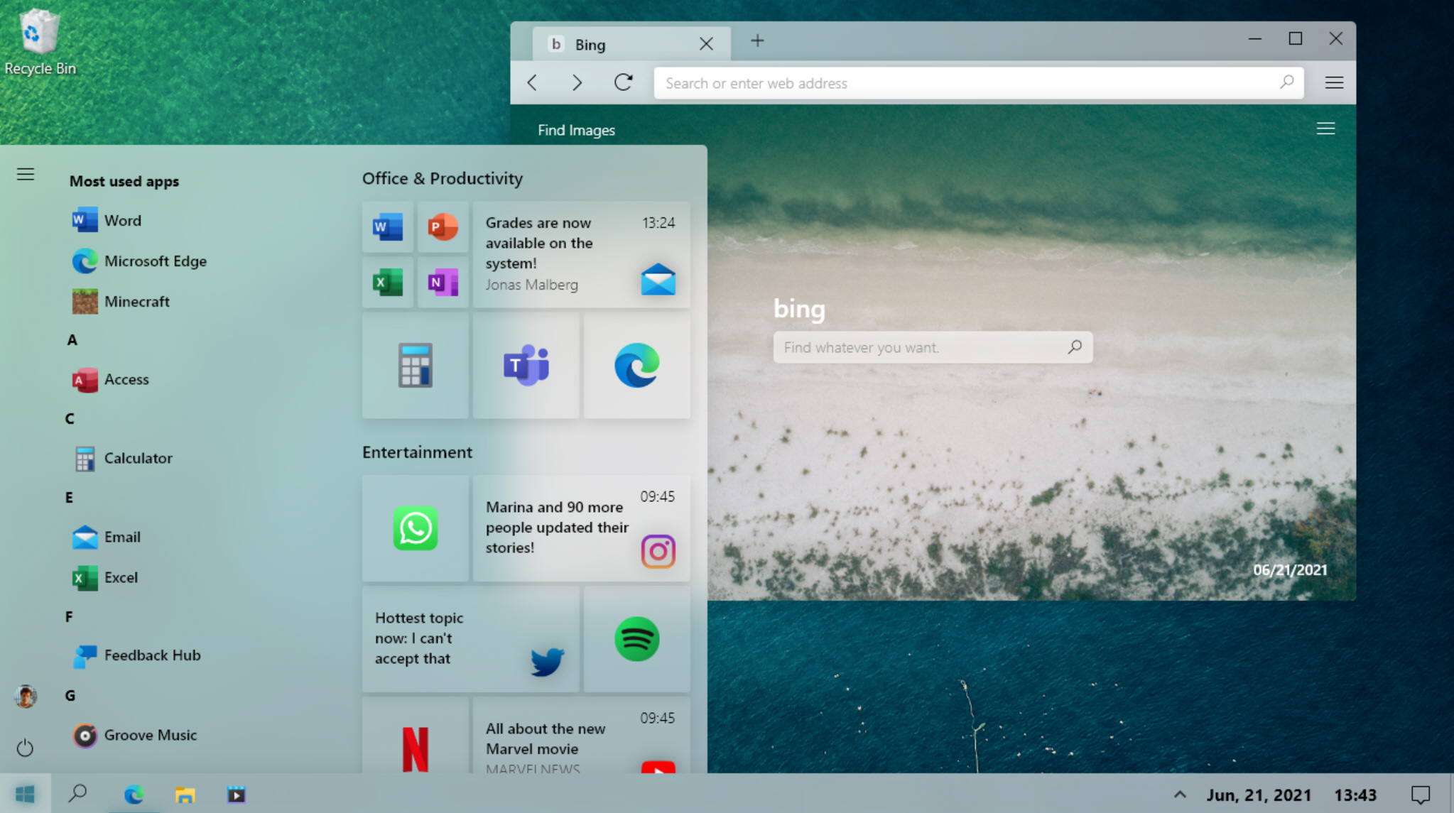 منوی استارت با پس زمینه نیمه شفاف در طراحی مفهومی جدید ویندوز ۱۰ / Windows 10