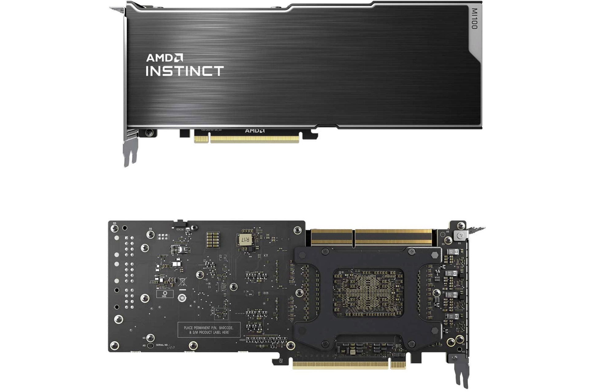 نمای پشت و جلو پردازنده گرافیکی AMD Instinct MI100