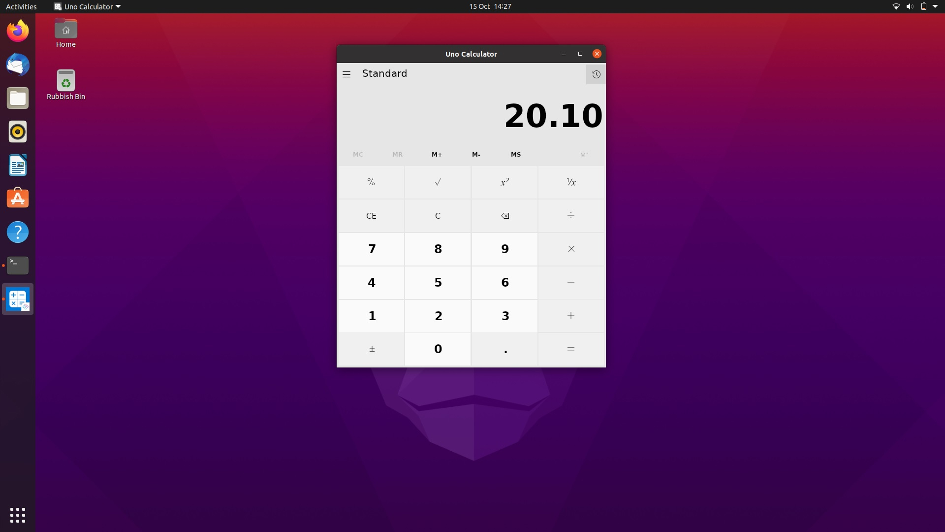 اسکرین شات اوبونتو / Ubuntu با نسخه لینوکس ماشین حساب ویندوز ۱۰ / Uno Calculator