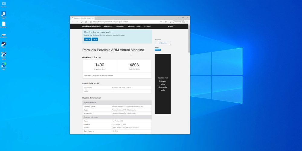 Geek Bench Mac M1 benchmark score in Windows emulator mode