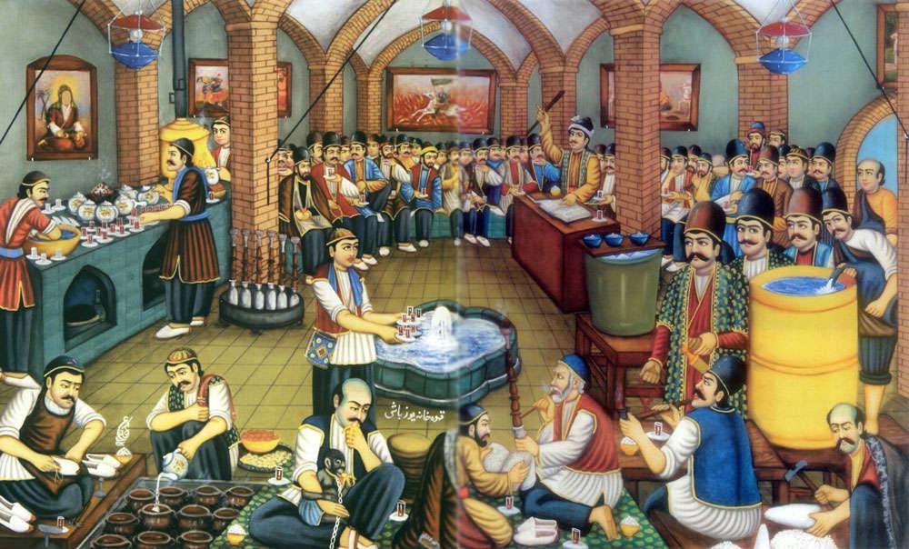 تابلویی از قهوه‌‌خانه‌ یوزباشی که در روزگار قاجاریه محل تجمع اشراف و اعیان بود