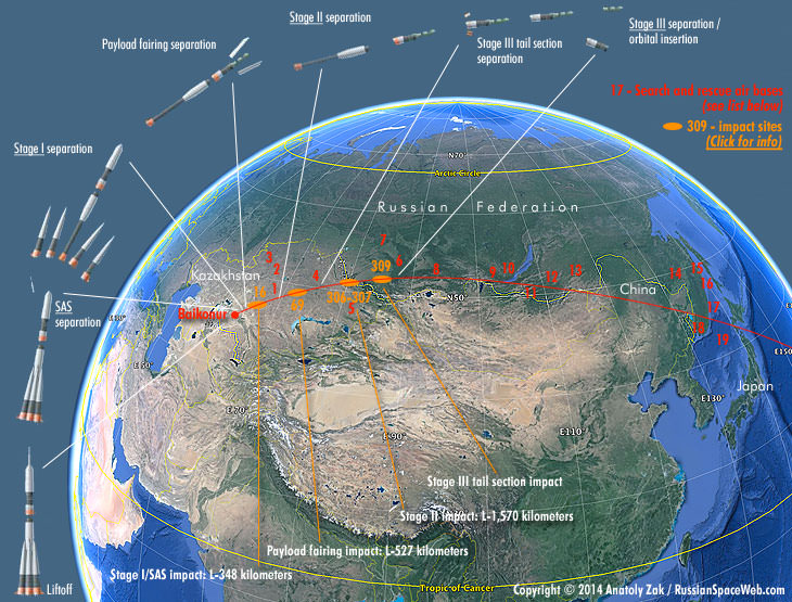 نقشه محل سقوط قطعات موشک سایوز