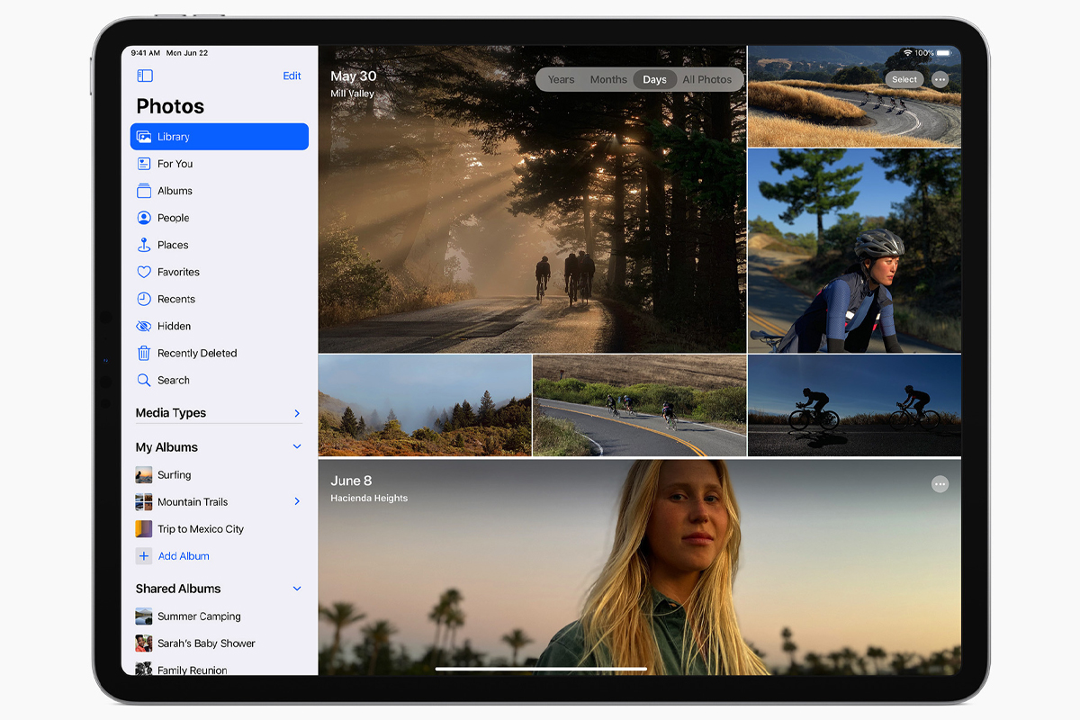 منوی کناری اپلیکیشن Photos در iPadOS 14 اپل یا تصاویر درخت و زن موبلوند و دوچرخه سوار