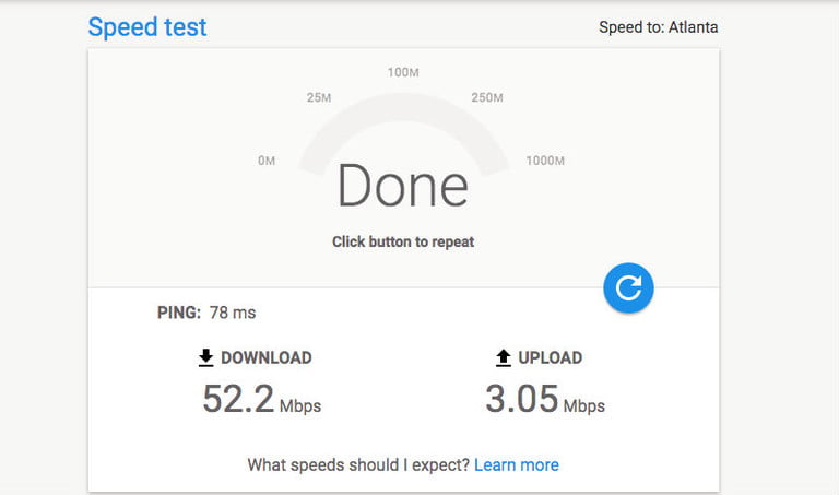 تصویری از منوی google fiber speedtest برای تست سرعت اینترنت