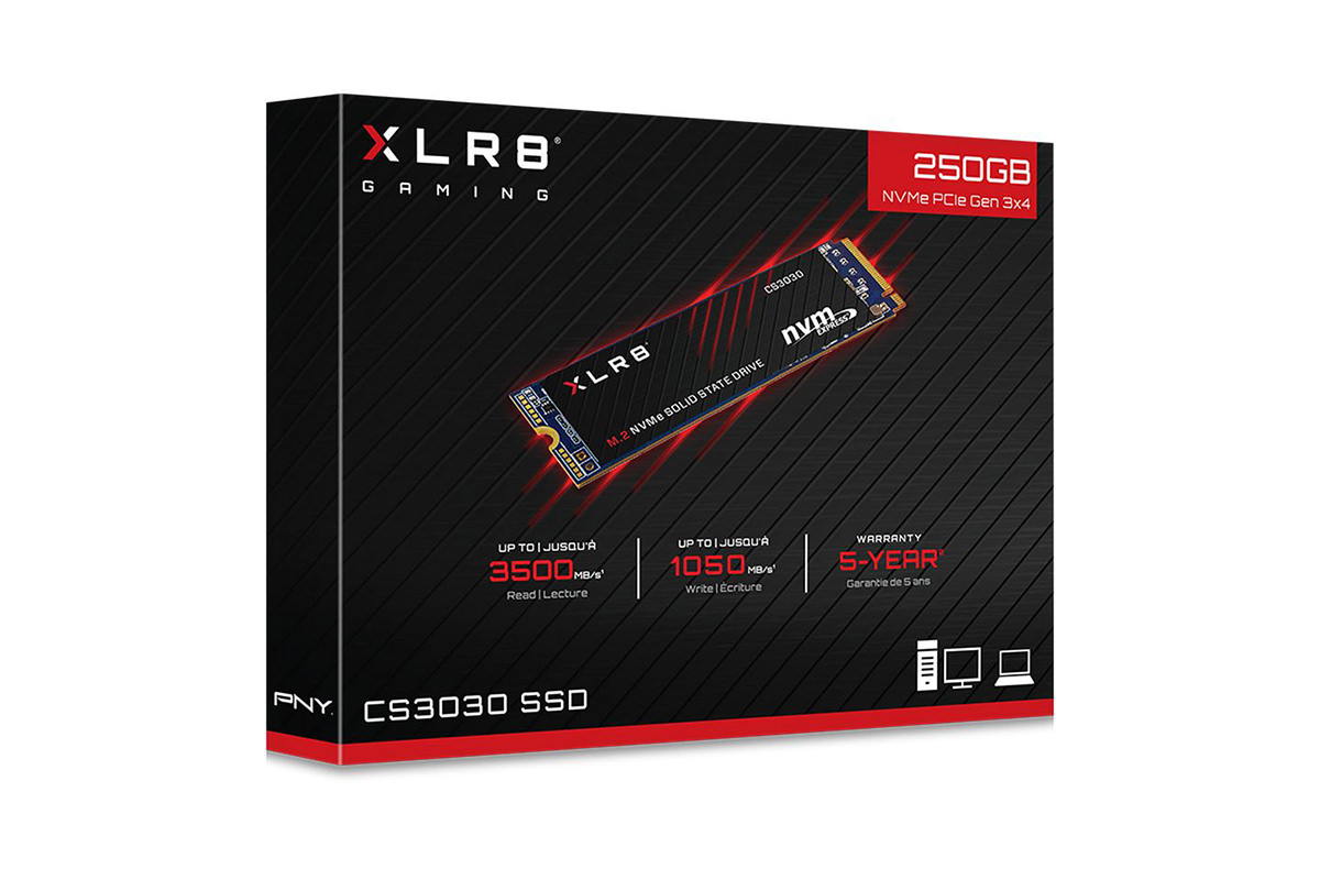 حافظه SSD PNY مدل پی ان وای XLR8 CS3030 M.2 ظرفیت ۲۵۰ گیگابایت - بسته بندی و جعبه