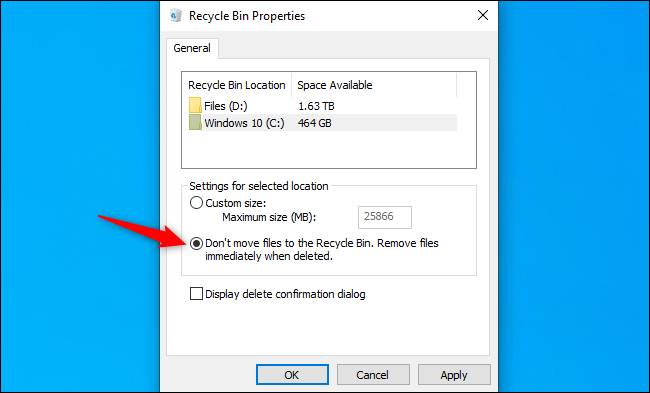 تنظیمات برای عدم انتقال فایل‌های پاک‌شده به سطل زباله