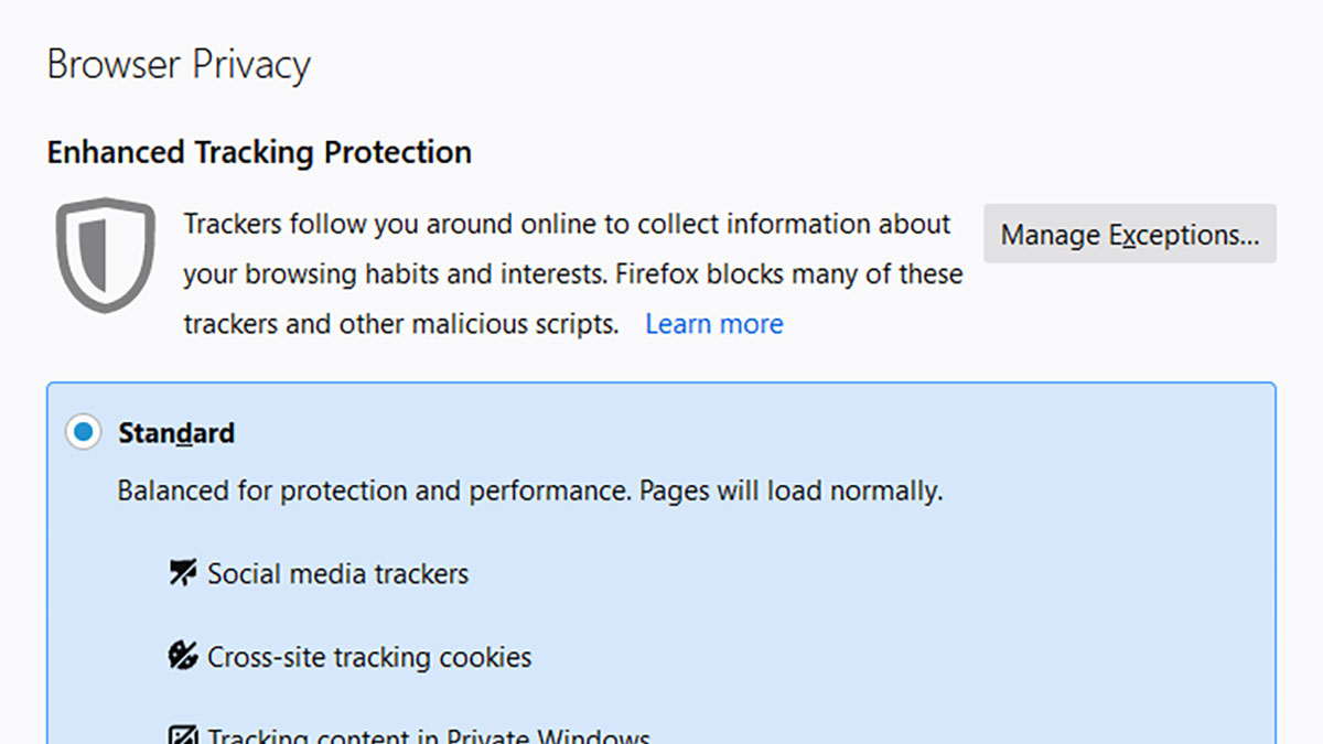 تنظیمات حریم خصوصی فایرفاکس