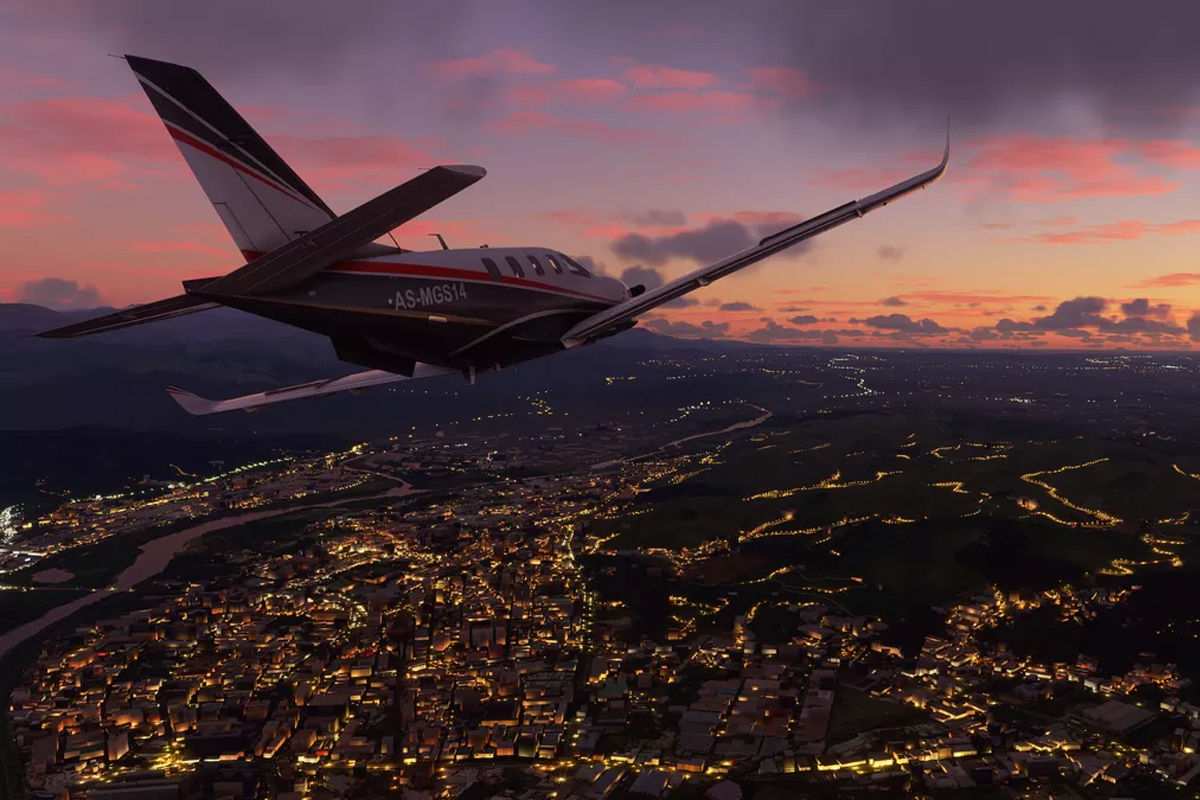 شبیه ساز پرواز مایکروسافت / Microsoft Flight Simulator هواپیما درحال پرواز روی شهر شب