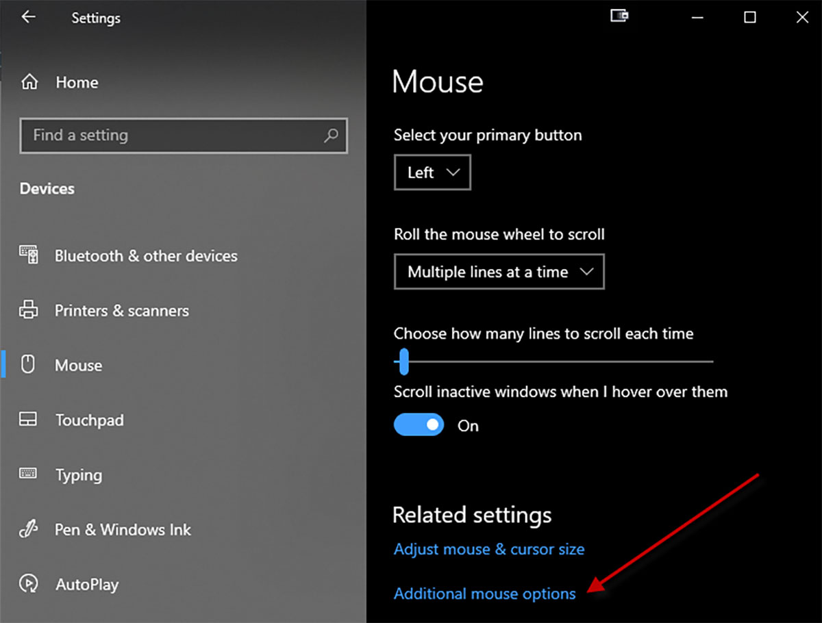 Windows 10 mouse settings
