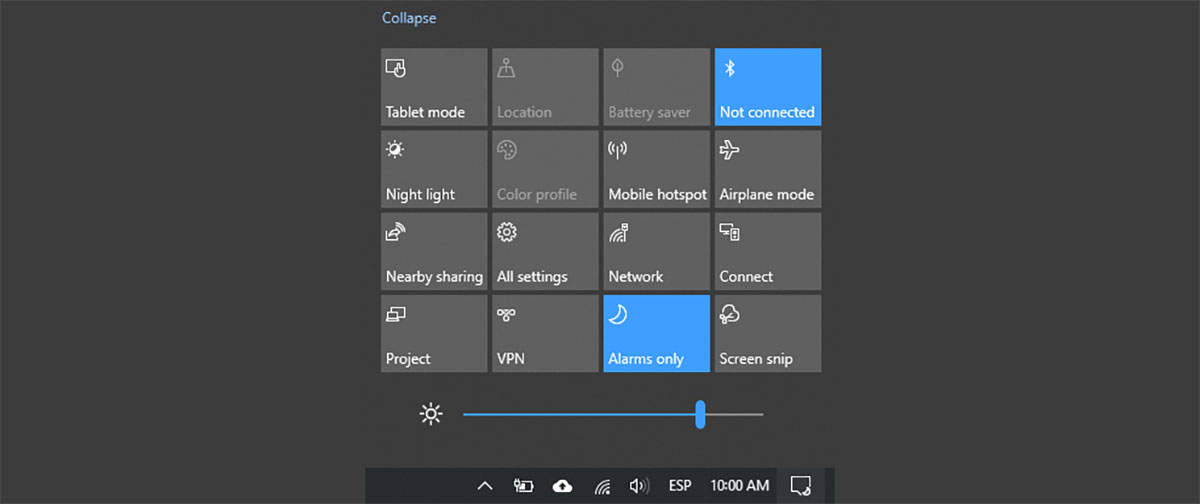Notification center settings in Windows 10