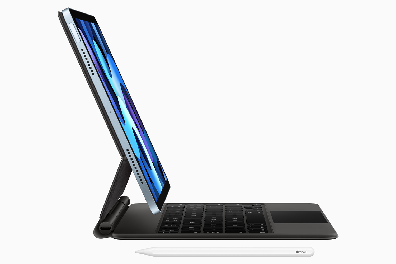 آيپد اير 2020 / iPad Air از نيم رخ با كيبورد و قلم اپل پنسل