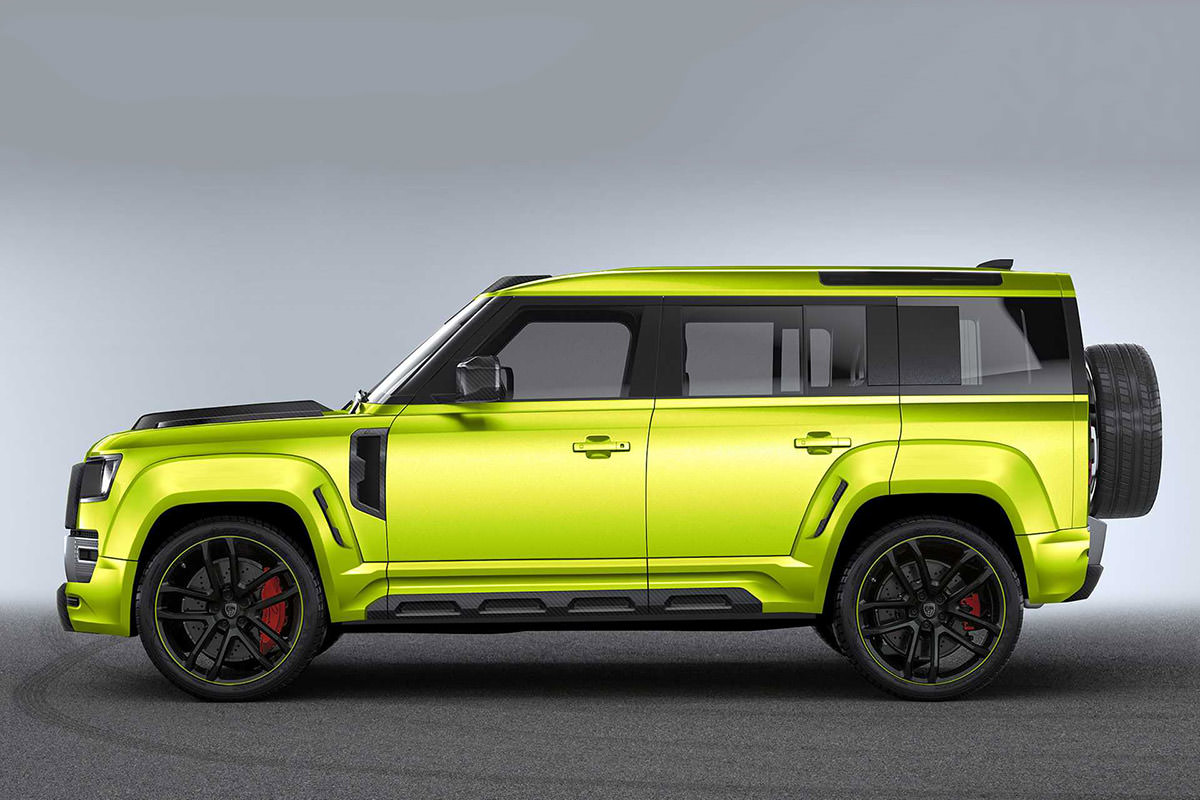 نمای جانبی شاسی بلند لندرور دیفندر / Land Rover Defender با تیونینگ لوما دیزاین و رنگ سبز فسفری