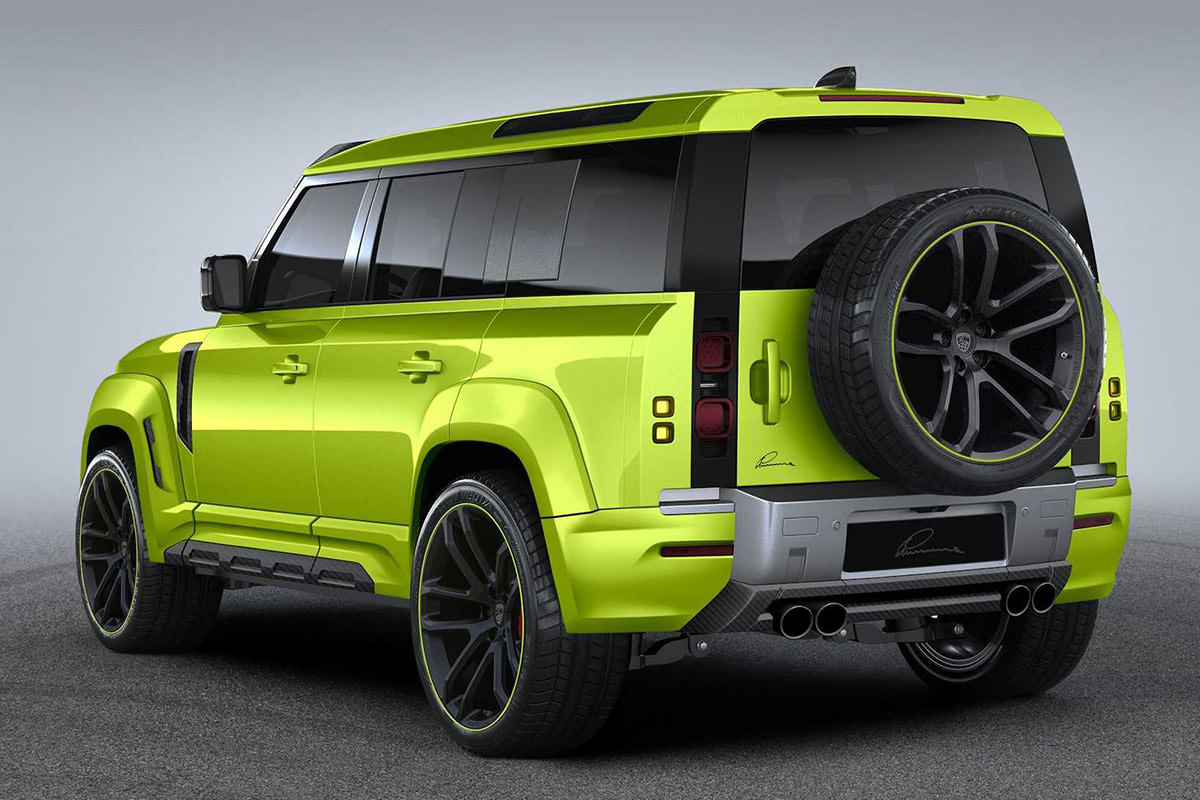 نمای عقب شاسی بلند لندرور دیفندر / Land Rover Defender با تیونینگ لوما دیزاین و رنگ سبز فسفری