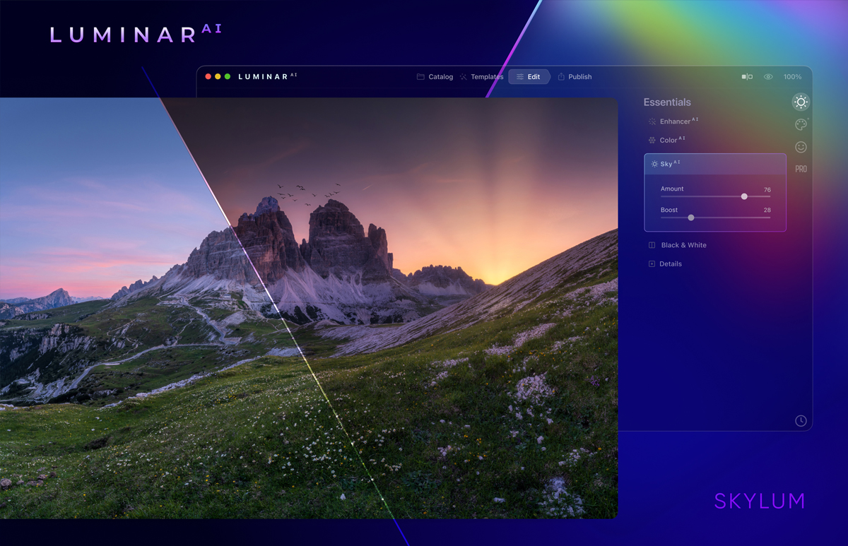 رابط کاربری و ابزارهای ویرایشگر عکس Skylum Luminar AI کوهستان