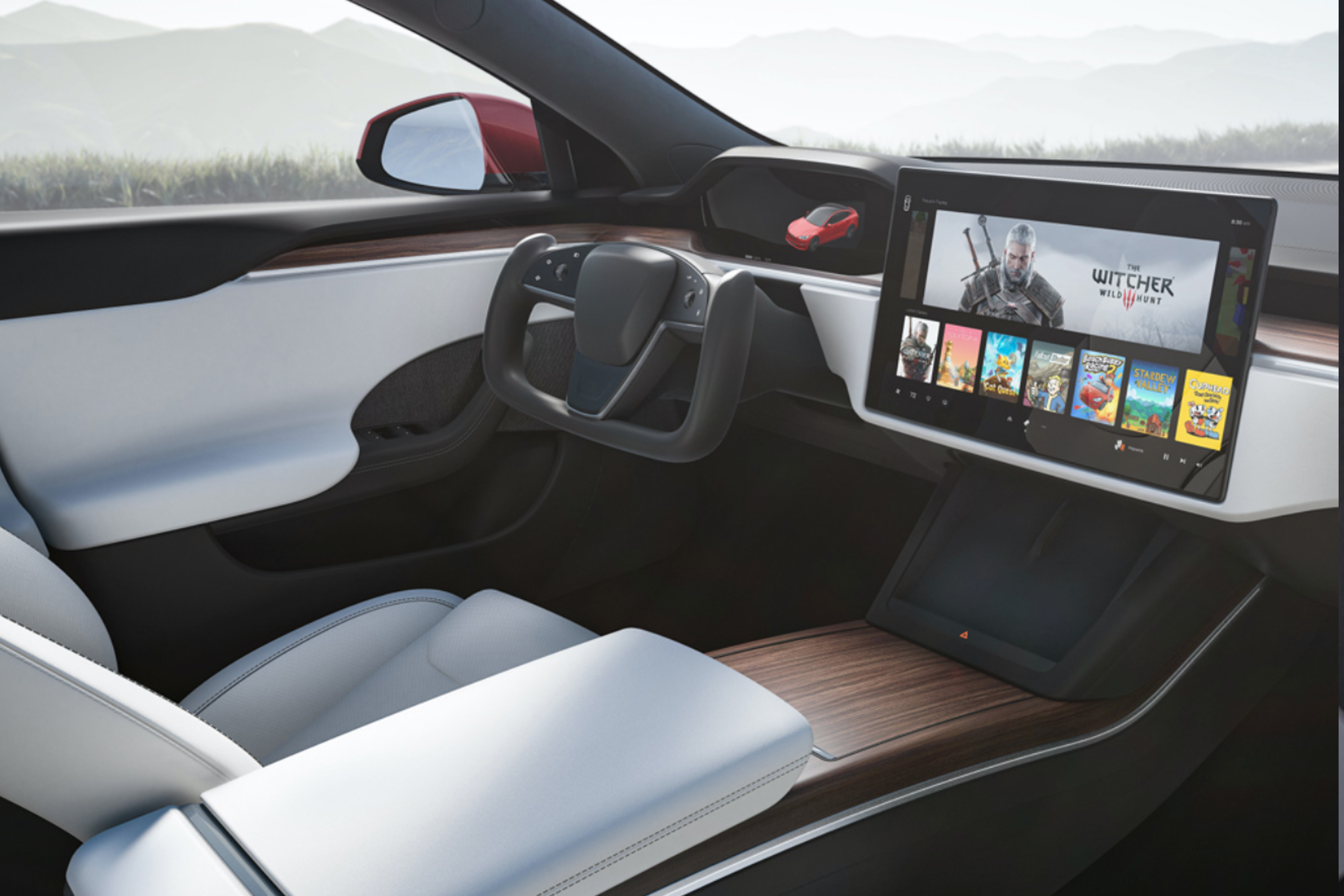 فرمان و نمایشگر جلویی تسلا مدل اس 2021 / Tesla Model S با بازی ویچر 3