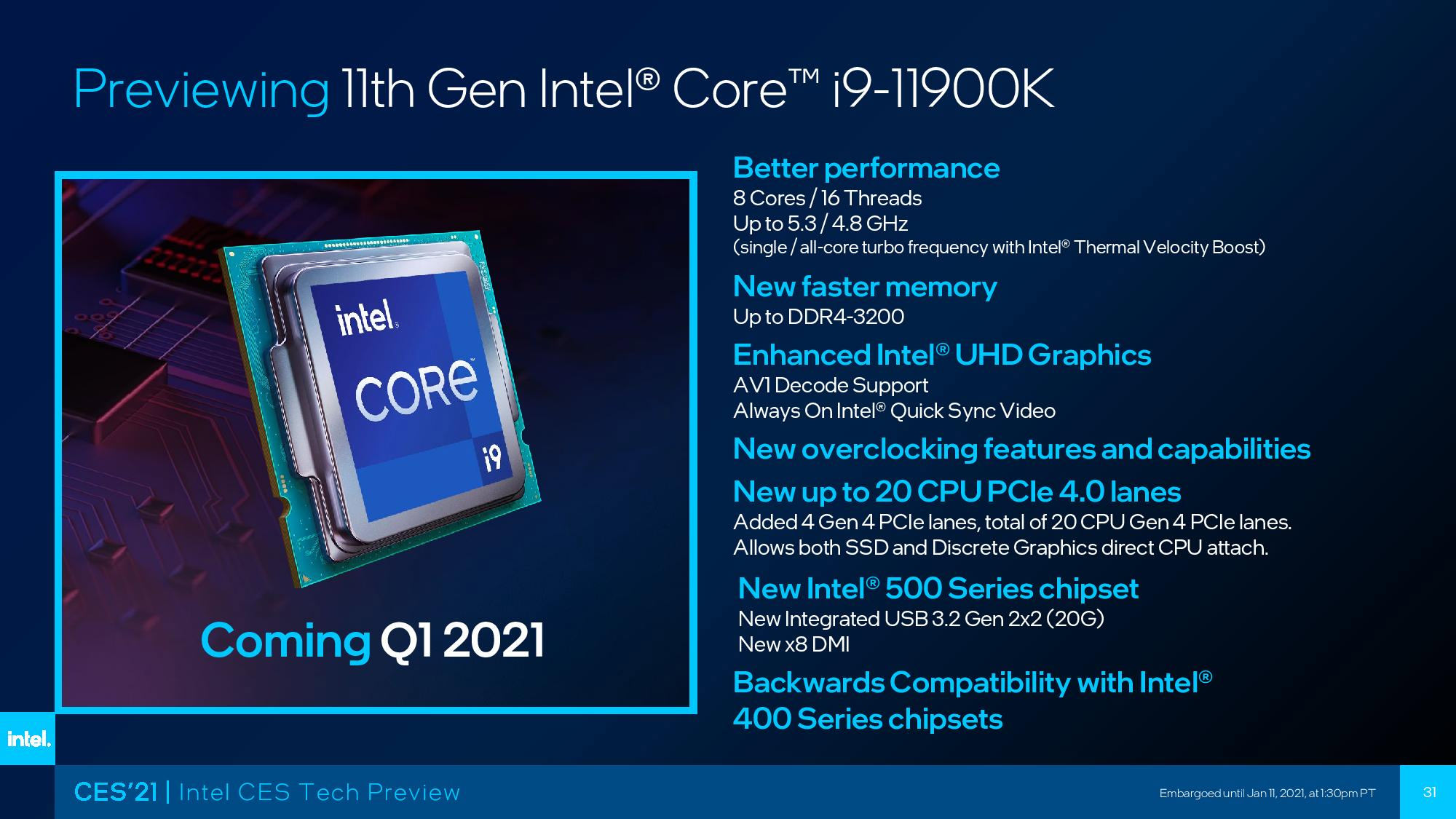 مشخصات رسمی پردازنده اینتل Core i9-11900K در CES 2021