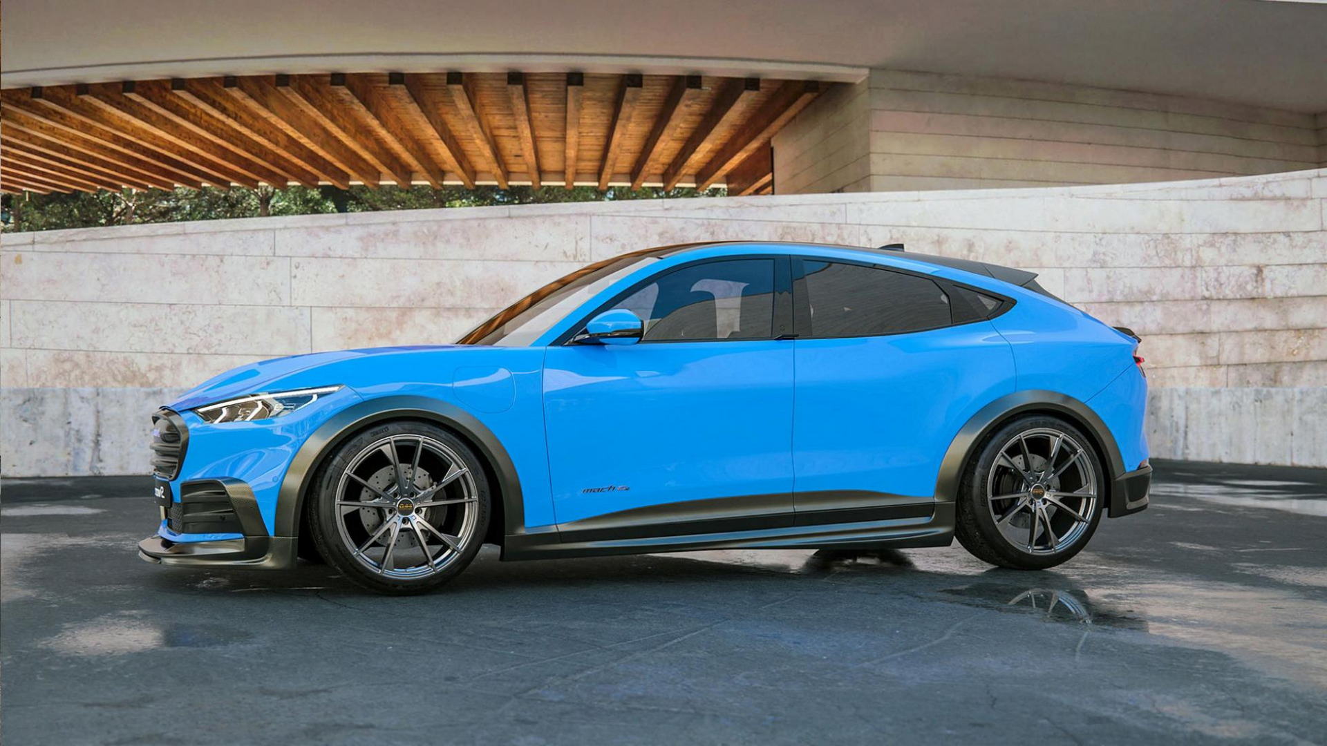 نمای جانبی کراس اور برقی فورد موستانگ مک ای / Ford Mustang Mach-E آبی رنگ