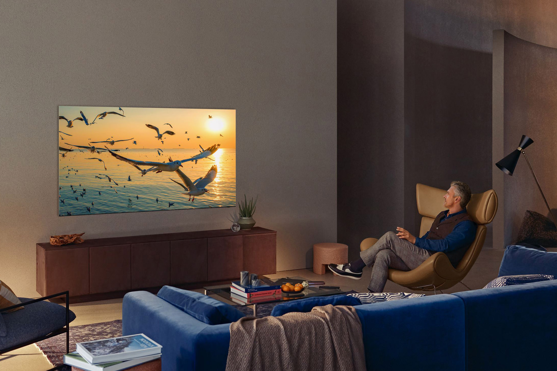 تلویزیون Neo QLED 2021 سامسونگ در اتاق درحال نمایش پرندگان یک مرد روی مبل