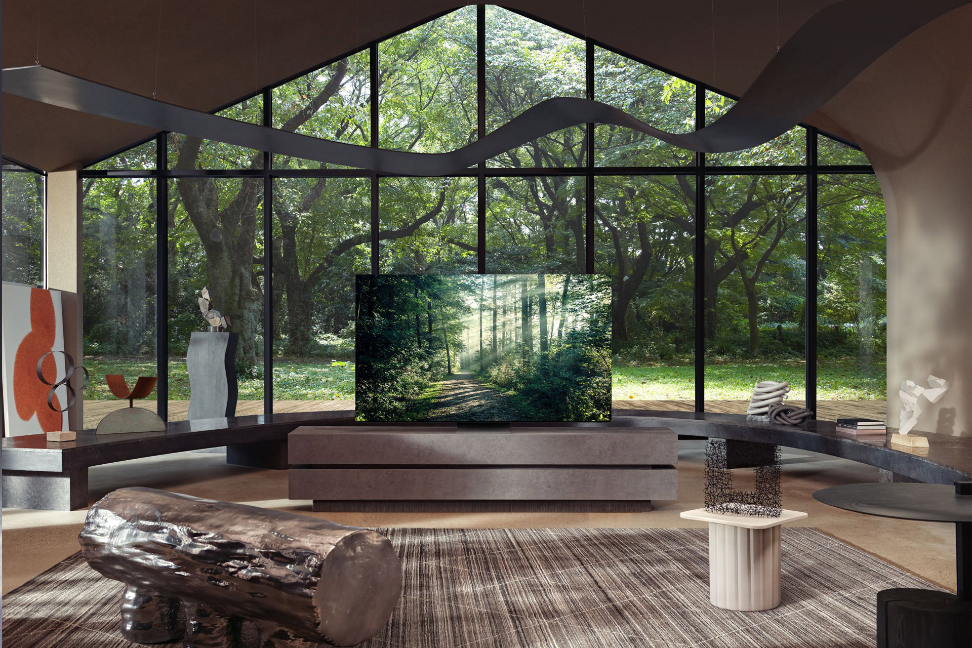 تلویزیون Neo QLED 2021 سامسونگ از نمای جلو در اتاق چوبی نمایش درخت