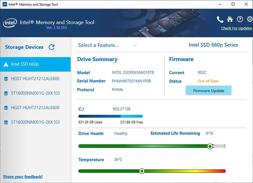 نرم افزار Memory and Storage Tool شرکت اینتل در حال نمایش خلاصه ای از وضعیت یک مدل SSD ساخت این شرکت