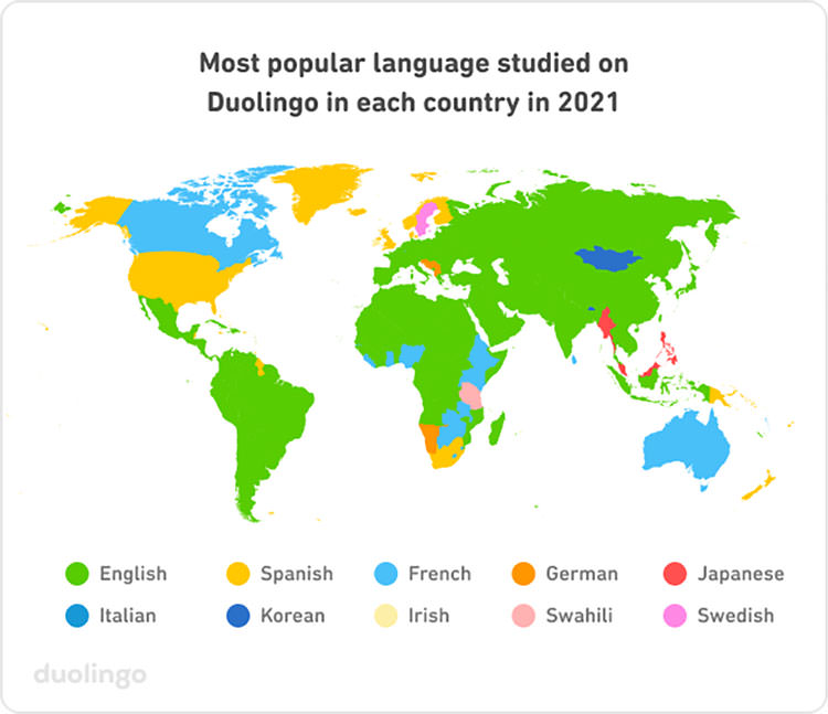 محبوب ترین زبان های دولینگو بر اساس هر کشور در سال ۲۰۲۱