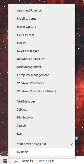 Power user menu in Windows 10