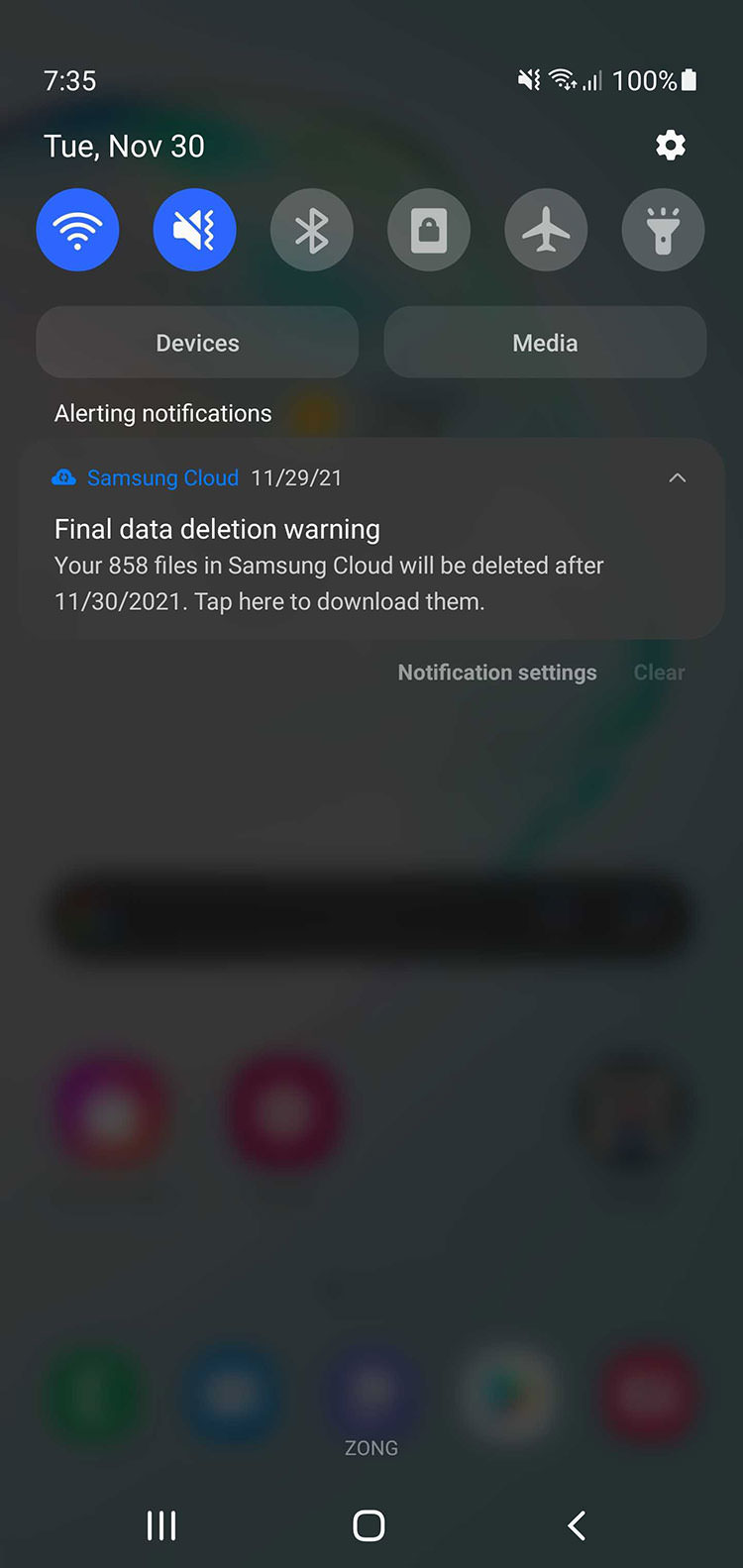 Warning to delete user information from Samsung cloud drive
