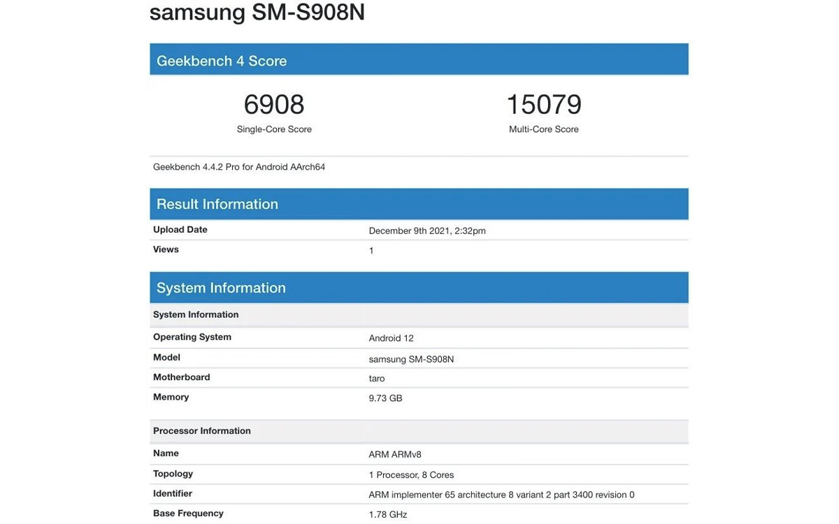 گلکسی اس ۲۲ اولترا با شماره‌مدل sm-s908n در گیک‌بنچ