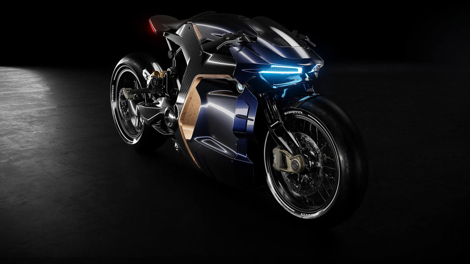 نمای جانبی رندر مفهومی از موتورسیکلت بی‌ام‌و / BMW Concept Motorcycle با بدنه آیرودینامیکی