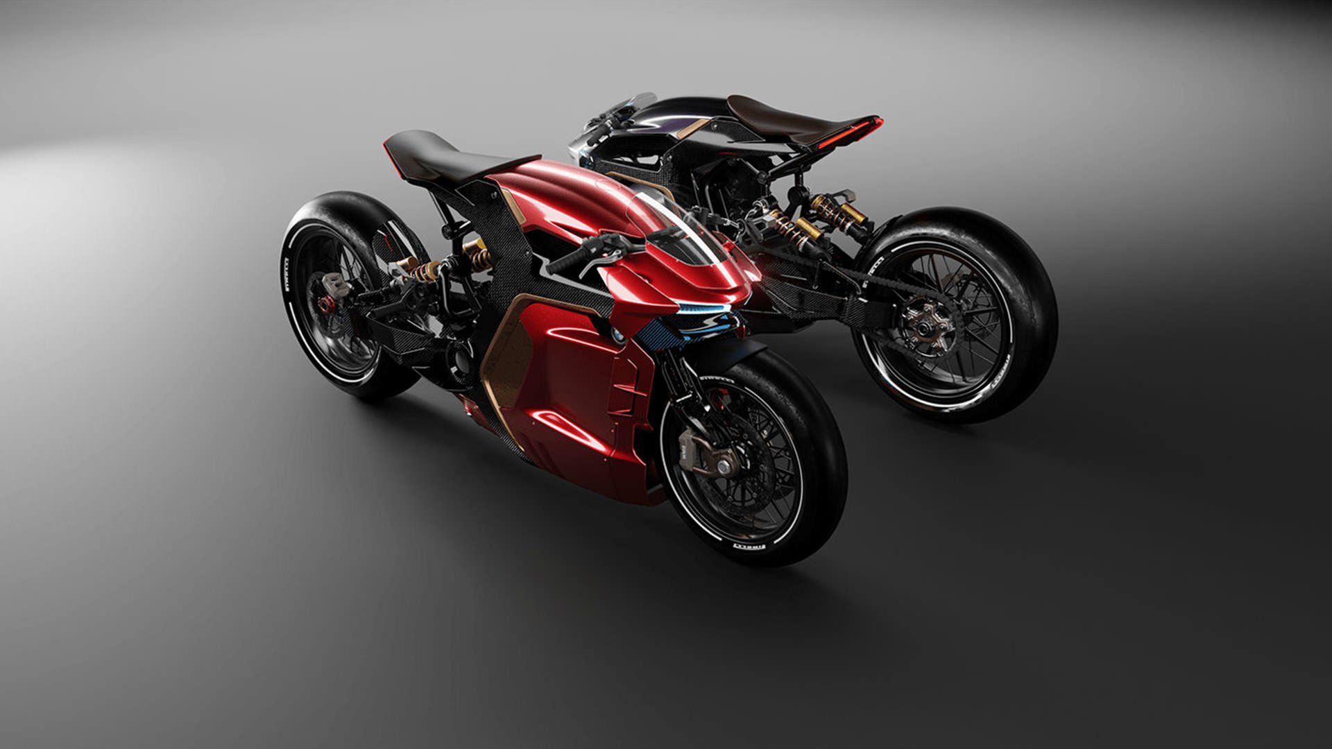 نمای جلو رندر مفهومی از موتورسیکلت بی ام و / BMW Concept Motorcycle قرمز رنگ