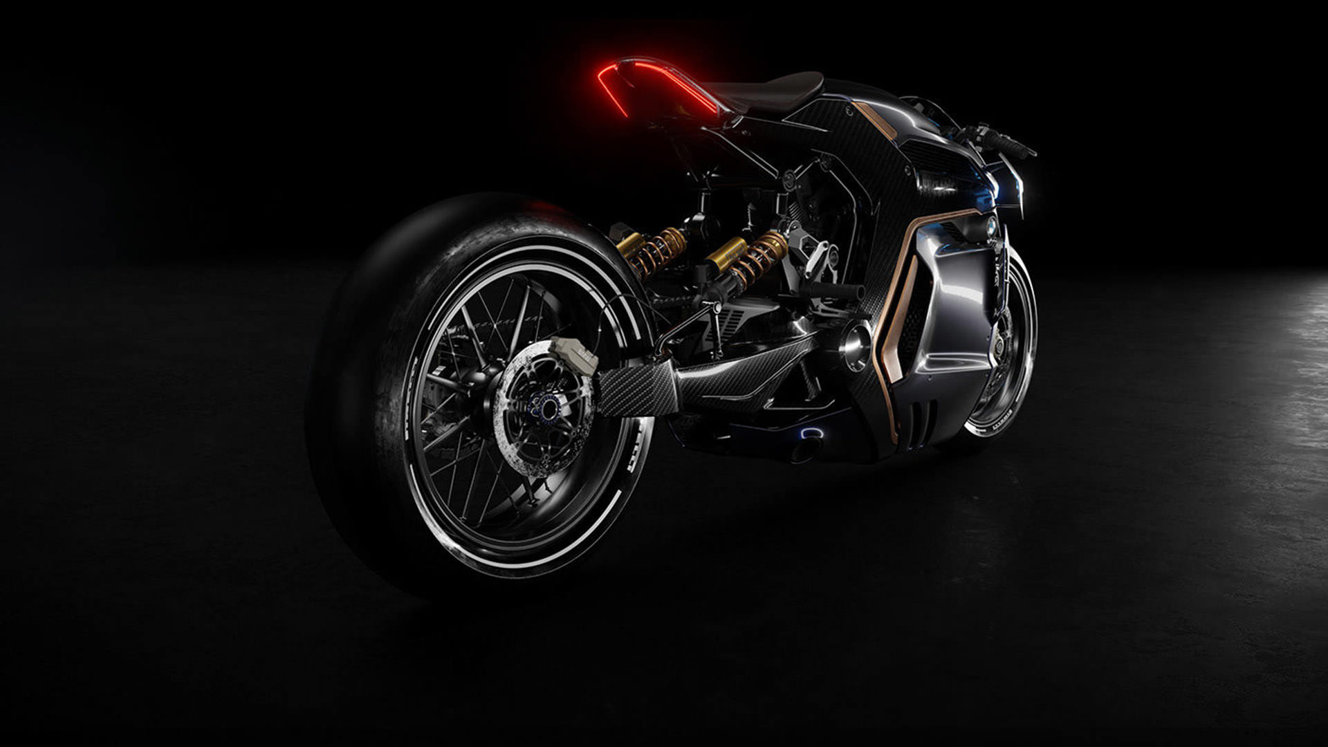 نمای عقب رندر مفهومی از موتورسیکلت بی ام و / BMW Concept Motorcycle سیاه رنگ با چراغ ال ای دی