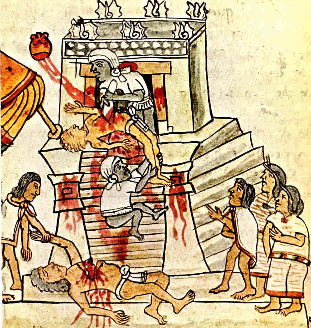 نگاره‌ای از دفترنامه مندوزا، از موثق‌ترین اسناد به جای مانده از فرهنگ آزتک‌ها که قربانی کردن انسان را به تصویر کشیده است