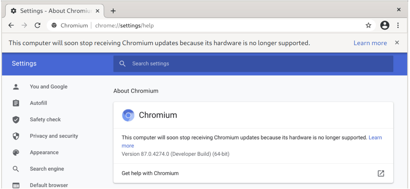 صفحه About گوگل کروم با پیام هشدار عدم پشتیبانی از CPU
