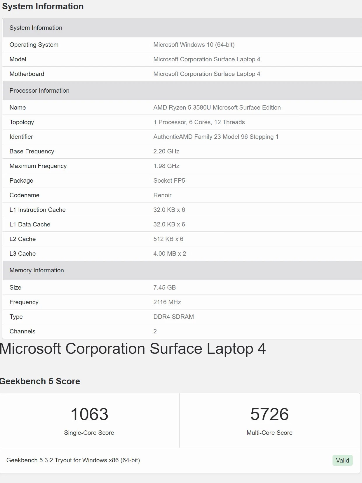امتیاز سرفیس لپ تاپ 4 مدل AMD در گیک بنچ 