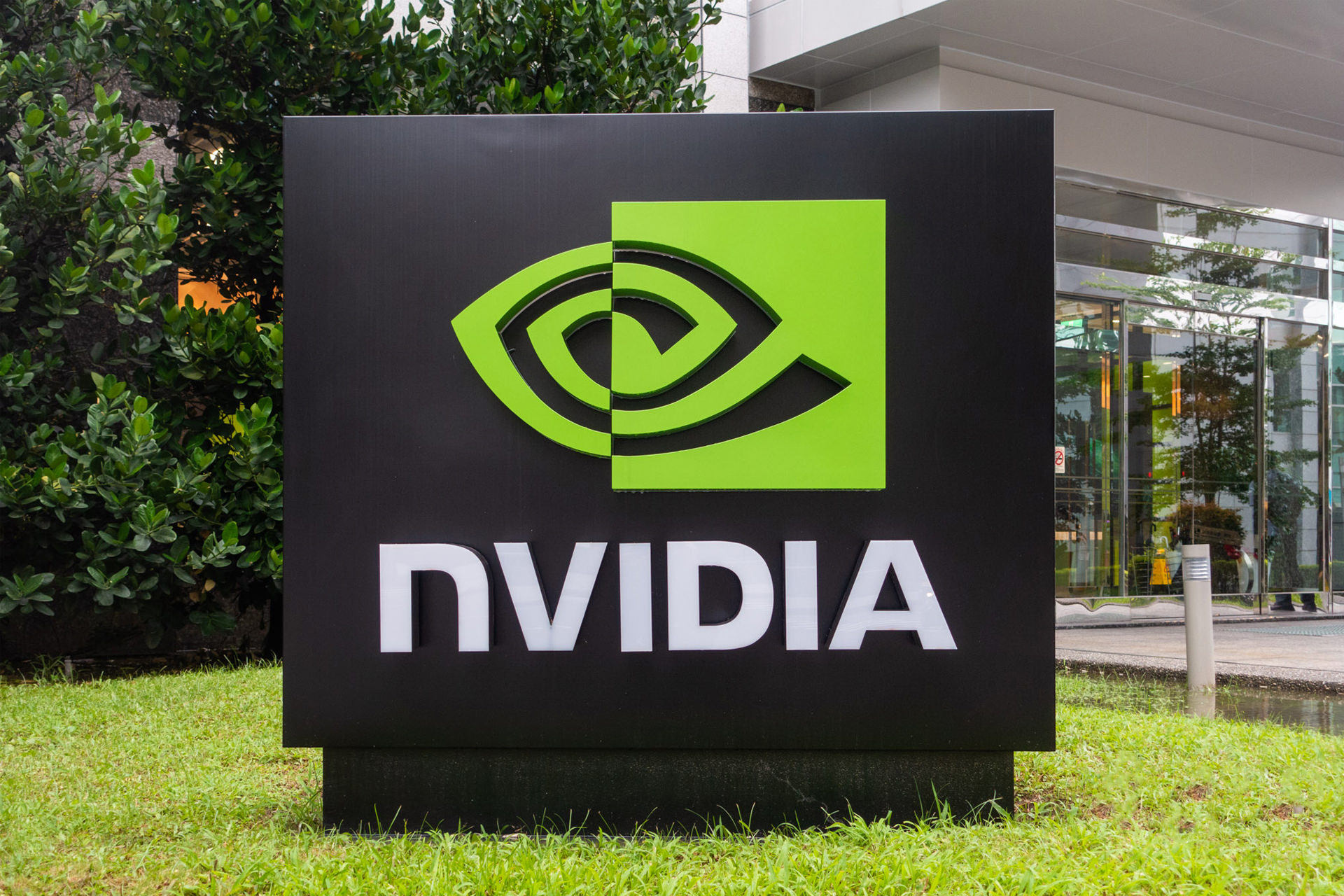 لوگو انویدیا / Nvidia در فضای بیرونی درخت و چمن سبز