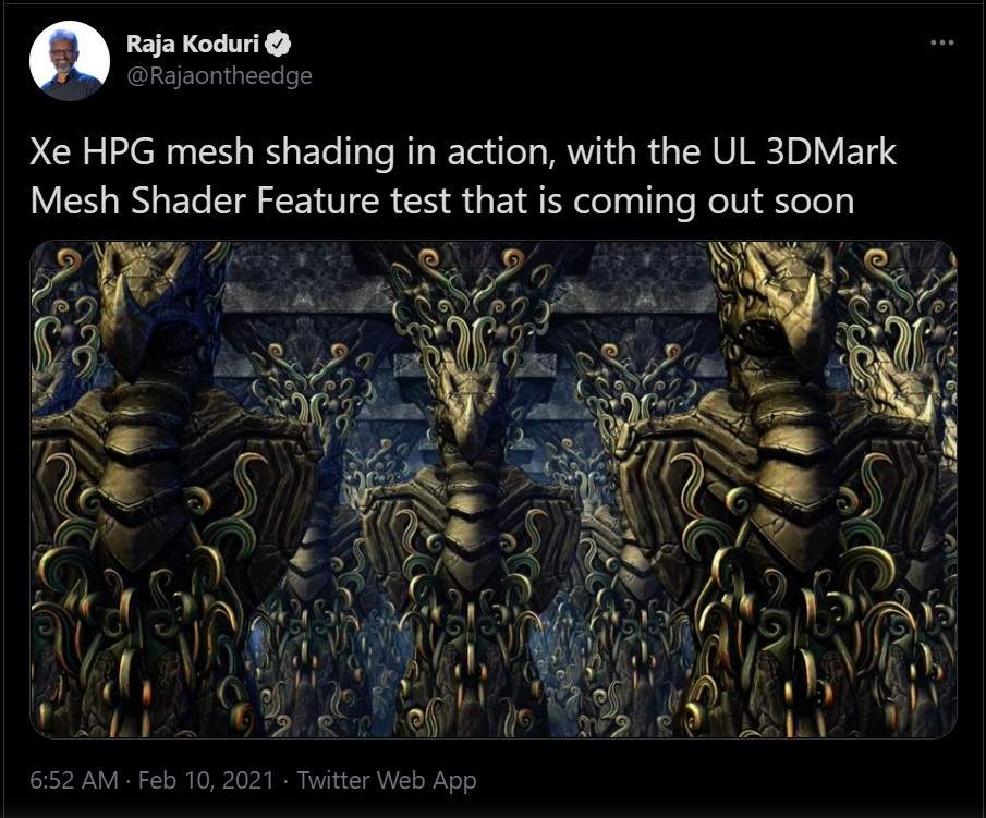 توییت راجا کودوری با محوریت قابلیت Mesh Shader گرافیک Intel Xe HPG