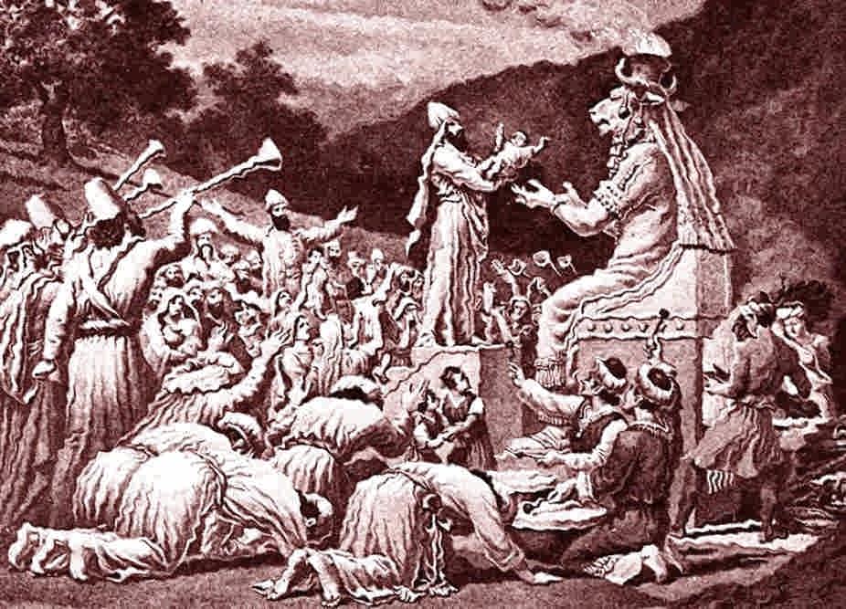 A painting depicting the sacrifice of children in the presence of Moloch, a Phoenician god
