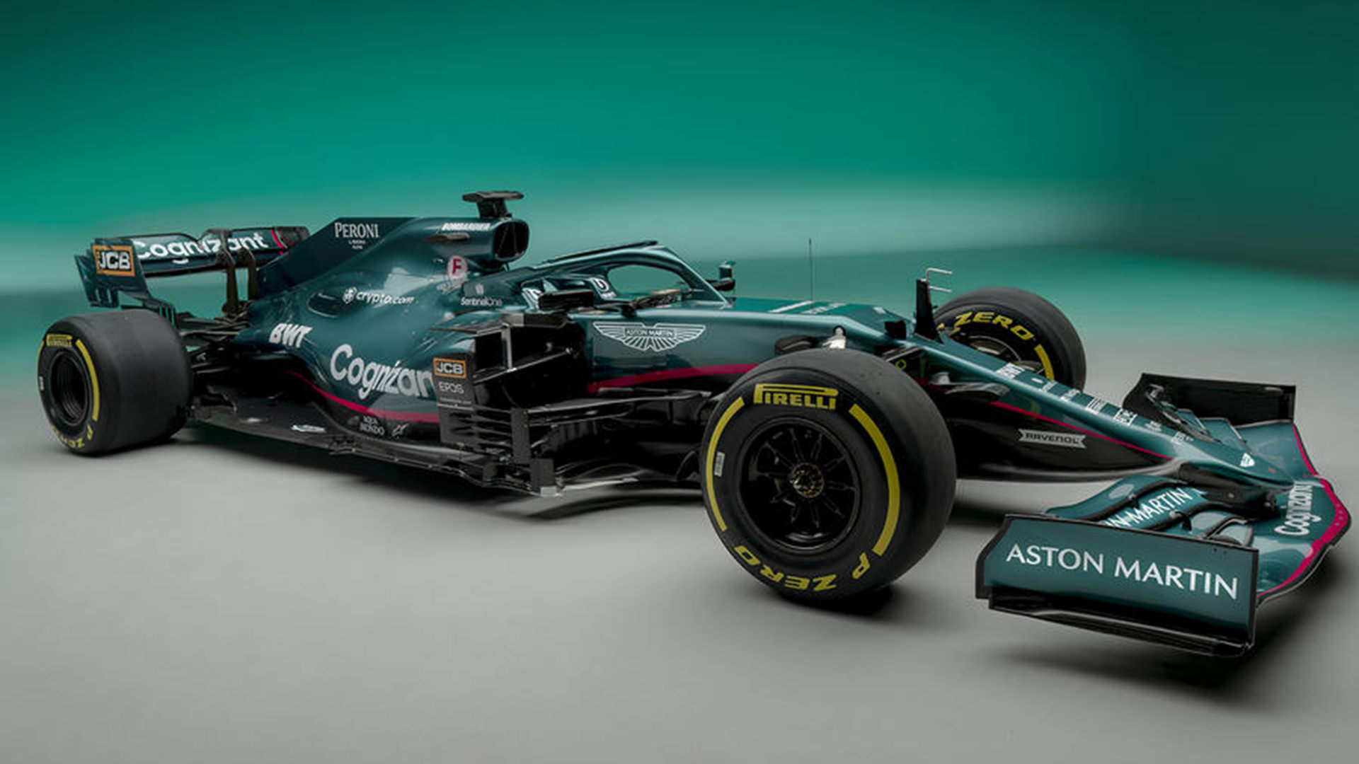نمای جانبی خودروی فرمول یک تیم استون مارتین / Aston Martin F1 2021 AMR21 سبز رنگ 