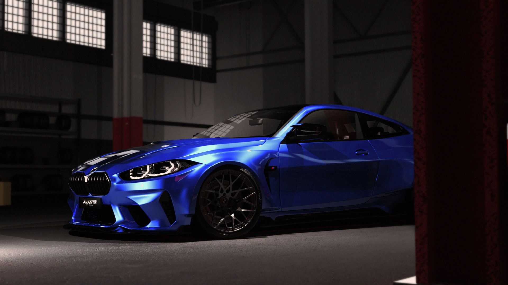نمای جلو کوپه بی ام و ام 4 /  BMW M4 Coupe با کیت بدنه آوانته دیزاین / Avante Design آبی رنگ در کارگاه